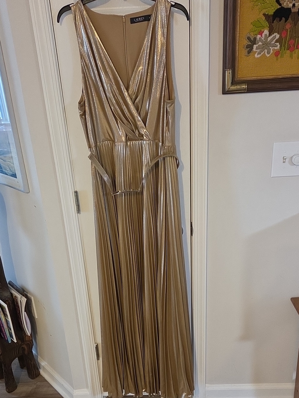 Ralph Lauren Metallic Gold Pleated Maxi Dress - Picture 2 of 8